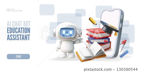 AI Chat bot service for education 3D vector landing page design, Chatbot robot study assistance in smartphone AI Chat bot service for education 3D vector landing page design, Chatbot robot study assistance in smartphone 130380544