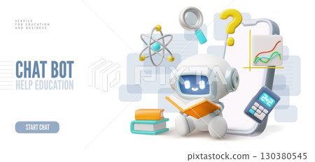 AI Chat bot service for education 3D vector landing page design, Chatbot robot study assistance and help in smartphone 130380545