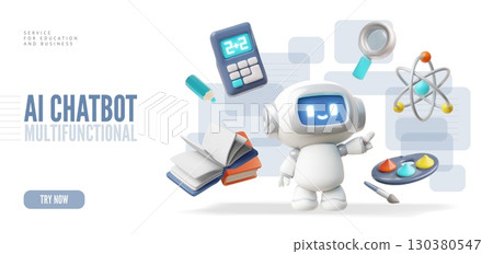 Service for education and business 3D vector banner, AI Chat bot robot assistance, art, science, Artificial intelligence Service for education and business 3D vector banner, AI Chat bot robot assistance, art, science, Artificial intelligence 130380547