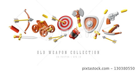 Old weapon collection, 3D cartoon plastic style vector set, volume catapult, axe, sword, bow, revolver, dynamite bullet 130380550