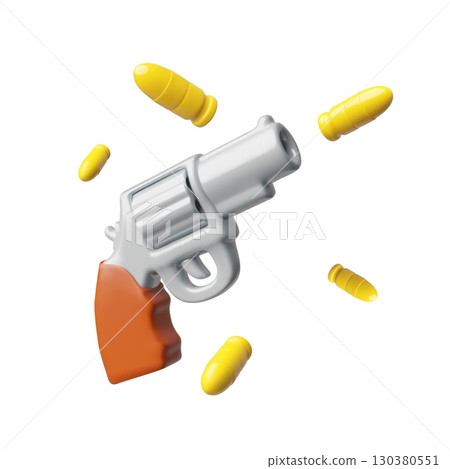 Revolver, retro handgun with bullets 3D cartoon plastic style, vector render game weapon toy, Colt revolver gun Revolver, retro handgun with bullets 3D cartoon plastic style, vector render game weapon toy, Colt revolver gun 130380551