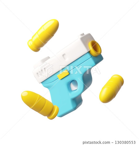 Handgun with bullets 3D cartoon plastic style, game weapon blaster toy, vector render firearm, revolver gun 130380553