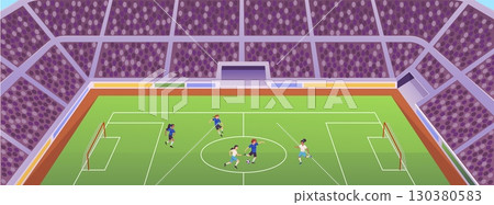 Football soccer kids players match at the stadium, vector athletes in uniform competition match, league workout arena 130380583