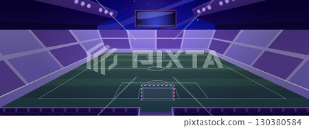 Football soccer stadium at night, vector flat sports game area with football goal, tribune, sliding roof, huge screen Football soccer stadium at night, vector flat sports game area with football goal, tribune, sliding roof, huge screen 130380584
