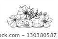 Delicious mochi in various filling among rosehip flowers black and white vector isolated illustration. Floral daifuku or wagashi heap outline drawing. Traditional Asian dessert for packaging, cuisine 130380587
