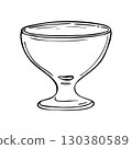 Empty glass ice cream dish monochrome vector outline drawing. Bowl on stem for jam, honey, or pudding etching illustration. Dessert cup for menu design, packaging labels, recipe books 130380589