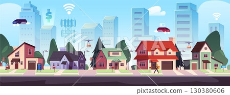 Futuristic smart city vector flat illustration, cityscape with skyscrapers and flying cars, robots and quadcopter drone Futuristic smart city vector flat illustration, cityscape with skyscrapers and flying cars, robots and quadcopter drone 130380606