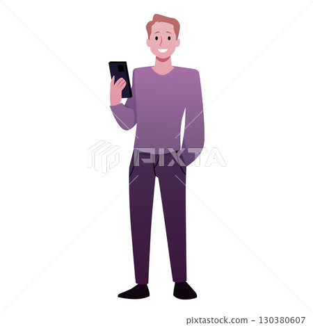 Young man standing and looking at smartphone, vector male using mobile gadget, smart technologies device 130380607