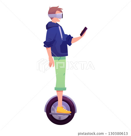 Young man with smartphone and virtual reality glasses ride gyroscooter segway, vector flat smart city character Young man with smartphone and virtual reality glasses ride gyroscooter segway, vector flat smart city character 130380613