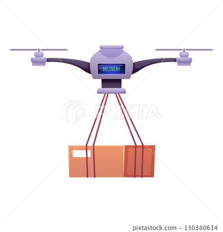 Robotic quadcopter delivers post package, cartoon drone robot carrying cargo, vector flat smart logistics transportation Robotic quadcopter delivers post package, cartoon drone robot carrying cargo, vector flat smart logistics transportation 130380614