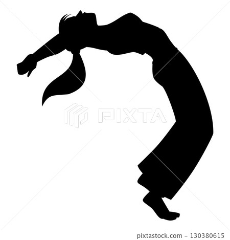 Woman doing Capoeira defensive pose, performing exercise vector black silhouette, Brazilian dance and fight sport 130380615