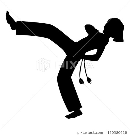 Young woman doing capoeira acrobatic exercise, Brazilian Capoeira dance and fight sport, vector leg kick black silhouette 130380616