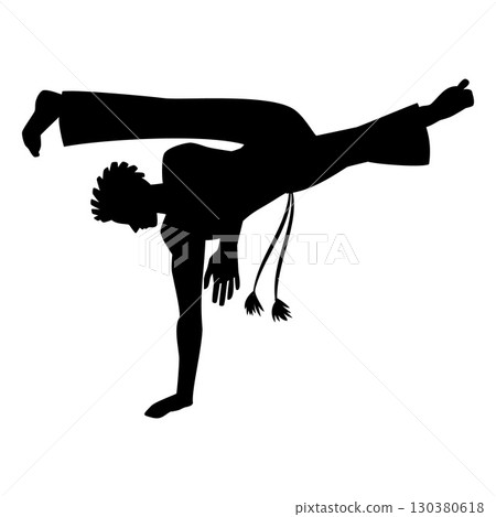 Young man doing capoeira handstand pose, performing acrobatic exercise, vector dance and fight sport black silhouette 130380618