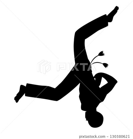 Young man doing capoeira upside down pose in air black silhouette, vector Brazilian dance and fight sport, martial art 130380621