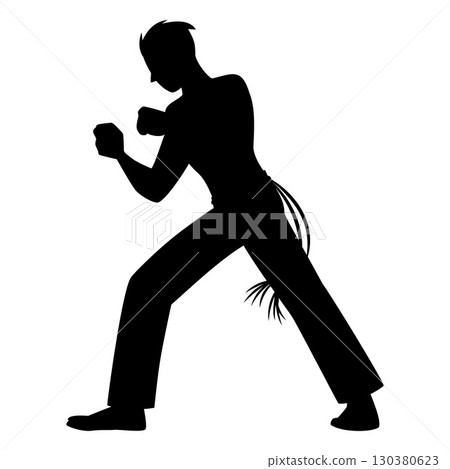 Man doing capoeira kick pose black silhouette, performing defensive exercise, vector Brazilian dance and fight sport 130380623