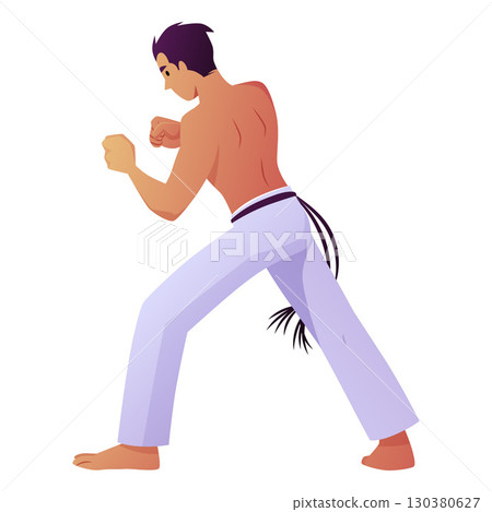 Young man doing capoeira kick pose, performing defensive exercise, vector flat Brazilian Capoeira dance and fight sport 130380627