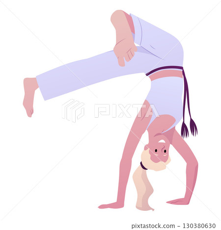 Young woman doing capoeira handstand performing acrobatic exercise, vector flat Brazilian Capoeira dance and fight sport 130380630