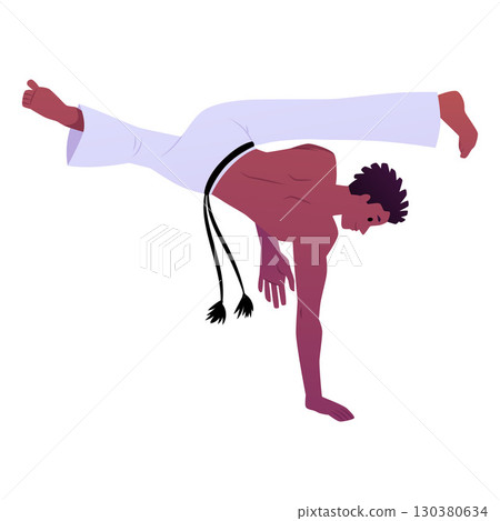 Young man doing capoeira handstand pose, performing acrobatic exercise, vector cartoon Brazilian dance and fight sport 130380634