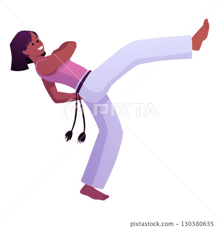Young woman doing capoeira acrobatic exercise, Brazilian Capoeira dance and fight sport, vector flat character leg kick 130380635