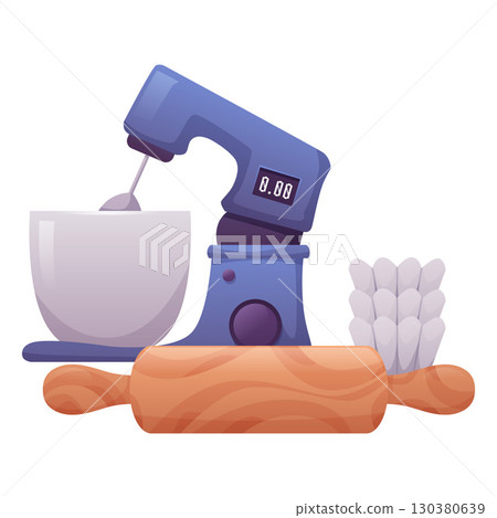 Kitchen equipment and appliance, mixer machine, vector cartoon rolling pin, blender, cupcake mold forms, bakery pastry 130380639