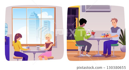 Cafe and restaurant interior vector flat illustrations set, cartoon children eating in the school cafeteria 130380655