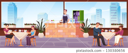 Cafe and restaurant interior vector flat illustration, cartoon people eating in the cafeteria, panoramic window on city 130380656