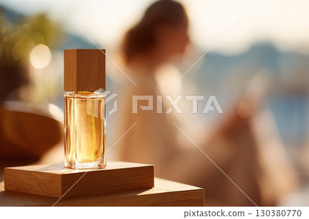 Elegant serum bottle illuminated by soft light near a relaxed figure in the background 130380770