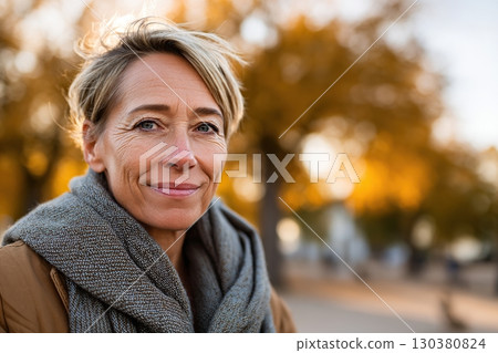 Middle-aged woman enjoying a sunny autumn day in the park with vibrant foliage around 130380824