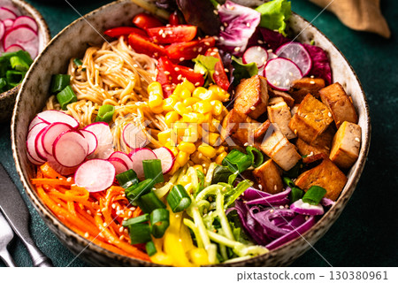 Vegan healthy poke bowl with tofu 130380961