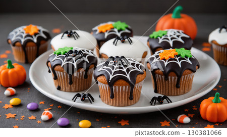Halloween cupcakes decorated with spiderwebs, fondant spiders, and colorful leaves on a plate, surrounded by candy and pumpkins. Halloween cupcakes decorated with spiderwebs, fondant spiders, and colorful leaves on a plate, surrounded by candy and pumpkins. 130381066