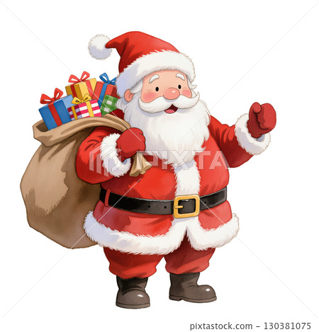 Christmas watercolor Santa Claus with a sack full of colorful presents, smiling and waving. Holiday illustration isolated on white background. 130381075