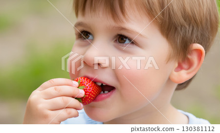 Happy little boy eating a fresh red strawberry outdoors on a summer day. Healthy snack and childhood joy moment captured in close-up. 130381112