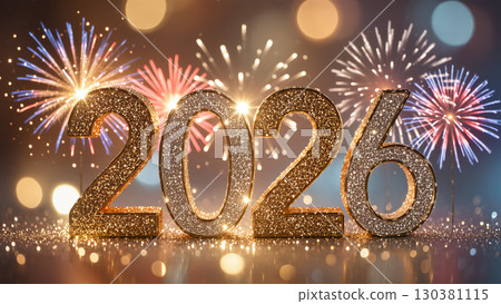 Golden glitter numbers 2026 with sparkling fireworks in the background. Festive New Year celebration with lights and bokeh effect. Golden glitter numbers 2026 with sparkling fireworks in the background. Festive New Year celebration with lights and bokeh effect. 130381115