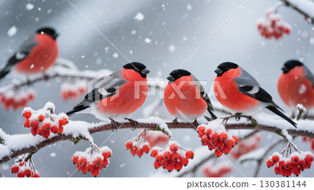 Christmas bullfinches perched on snowy branches with red berries during snowfall in a peaceful winter forest scene 130381144