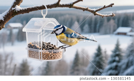Christmas scene with blue tit eating seeds from a transparent bird feeder hanging on a snowy tree branch in winter countryside 130381145