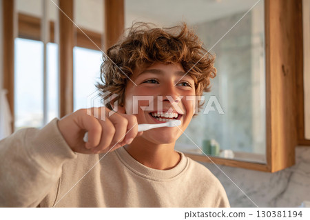 Smiling boy with curly hair brushes his teeth in bright bathroom in the morning Smiling boy with curly hair brushes his teeth in bright bathroom in the morning 130381194