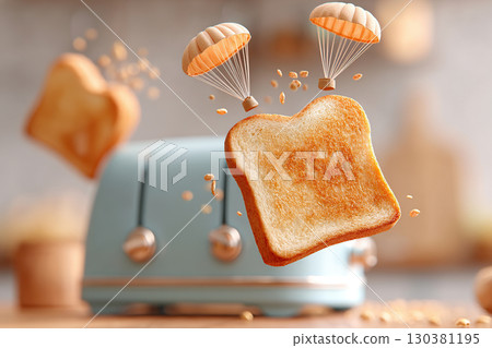 Toast is ejected with parachutes from a toaster in a playful kitchen setting Toast is ejected with parachutes from a toaster in a playful kitchen setting 130381195