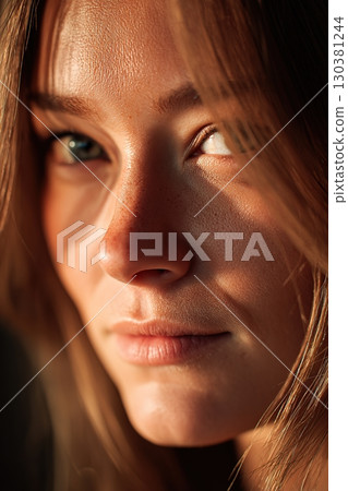 Woman with natural beauty and minimal makeup enjoys warm sunlight in a serene indoor setting 130381244