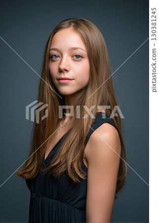 Natural beauty portrait of woman with minimal makeup in a studio setting 130381245