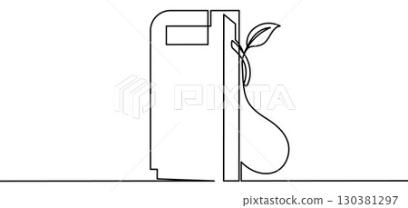 Biofuel pump with leaves. Symbol of sustainable energy, green technology and eco-friendly fuel, vector illustration in continuous line style 130381297