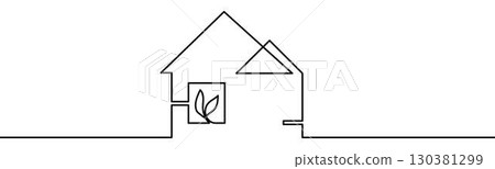 Eco house sign. Symbol of sustainable living, green architecture, ecology and environmental care, vector illustration in continuous line style 130381299