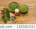 Moringa Ingredients on wooden background 130381331