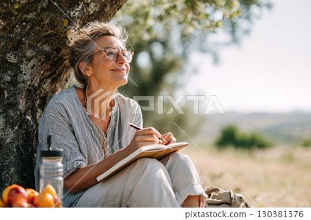 Journaling outdoors under a tree while enjoying a peaceful moment in nature Journaling outdoors under a tree while enjoying a peaceful moment in nature 130381376