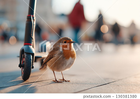 Bird standing near electric scooter in busy urban park during sunset hour 130381380