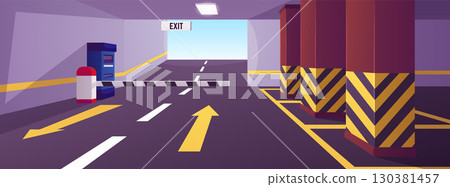 Empty urban underground parking interior vector flat illustration, transport garage in basement, barrier and Exit gate 130381457