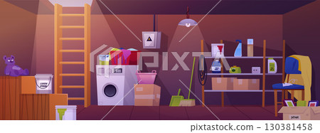 Basement room interior vector flat illustration, cartoon storage home cellar with wooden stairs, old furniture and stuff Basement room interior vector flat illustration, cartoon storage home cellar with wooden stairs, old furniture and stuff 130381458