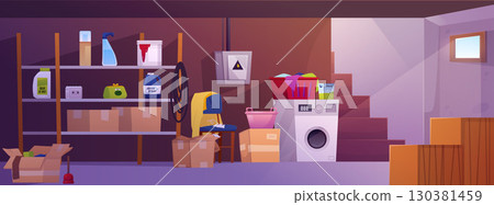 Basement room interior vector flat illustration, storage home cellar with cleaning tools, washing machine, old furniture 130381459