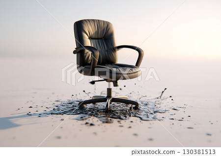Office chair appears to melt into ground creating surreal scene of exhaustion and decay 130381513