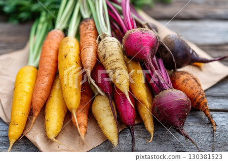 Freshly harvested seasonal root vegetables with vibrant colors and textures ready for cooking 130381523