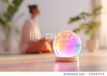 Meditation orb glowing softly in a serene indoor space for mindfulness practice 130381524